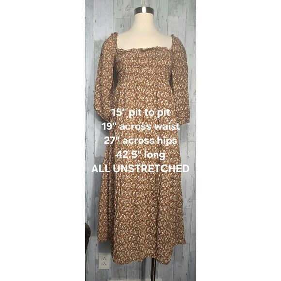 O.P.T. Savannah Square Neck Puff Sleeve Ditsy Floral Midi Peasant Dress Sz. L - Picture 4 of 6